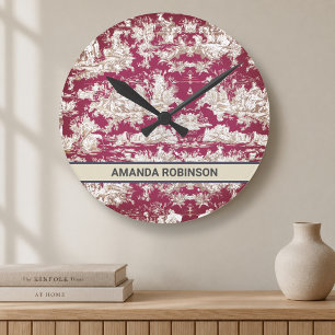 Elegant Red Vintage French Toile de Jouy Monogram Round Clock