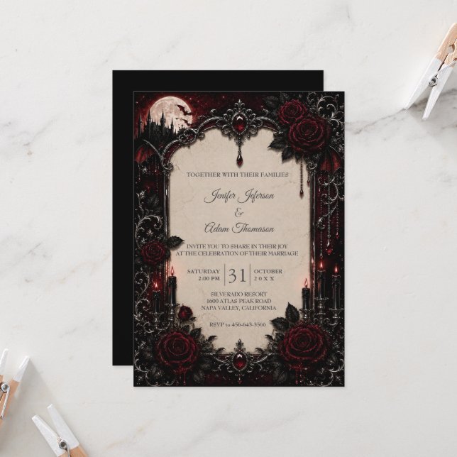 Elegant Red Vintage Gothic Wedding Invitation (Front/Back In Situ)