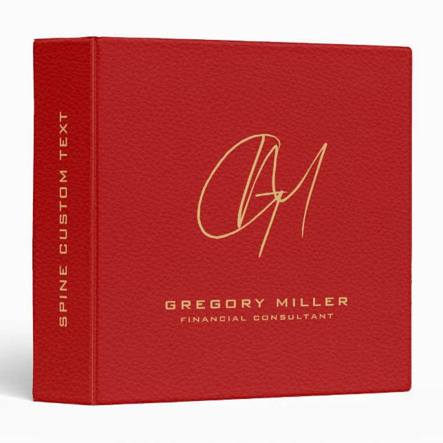 Elegant Red Vintage Leather Modern Monogram Binder (Front/Spine)