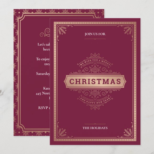 Elegant Red Vintage Style Christmas Party Invitation (Front/Back)