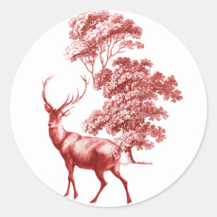 Elegant Red Vintage Toile Deer in Forest Classic Round Sticker