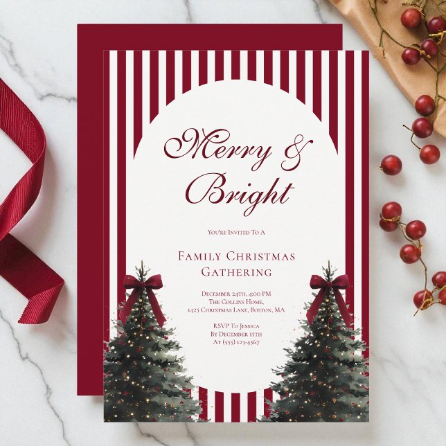 Elegant Red Watercolor Bow Family Christmas Party Invitation (Elegant Red Watercolor Bow Family Christmas Party Invitation)