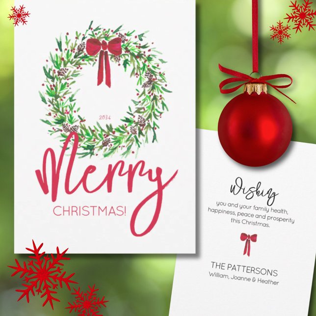 Elegant Red Watercolor Christmas Wreath Non-Photo Holiday Card (Elegant Red Watercolor Christmas Wreath Non-Photo Holiday Card)