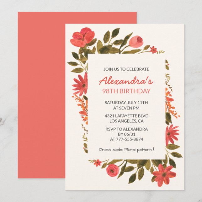 Elegant Red Watercolor Floral 98th birthday Invitation (Front/Back)