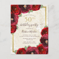 Elegant Red Watercolor Floral Gold 50th Birthday
