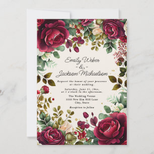 Elegant Red Watercolor Floral Gold Glitter Wedding Invitation