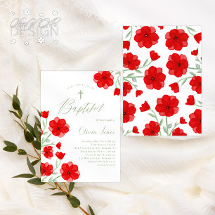 Elegant Red Watercolor Poppy Floral Baptism Invitation