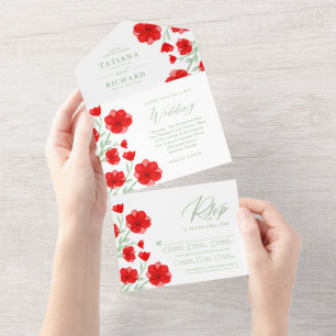 Elegant Red Watercolor Poppy Floral Garden Wedding All In One Invitation