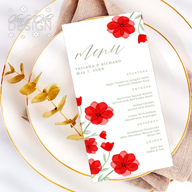 Elegant Red Watercolor Poppy Floral Wedding Menu (Creator Uploaded)