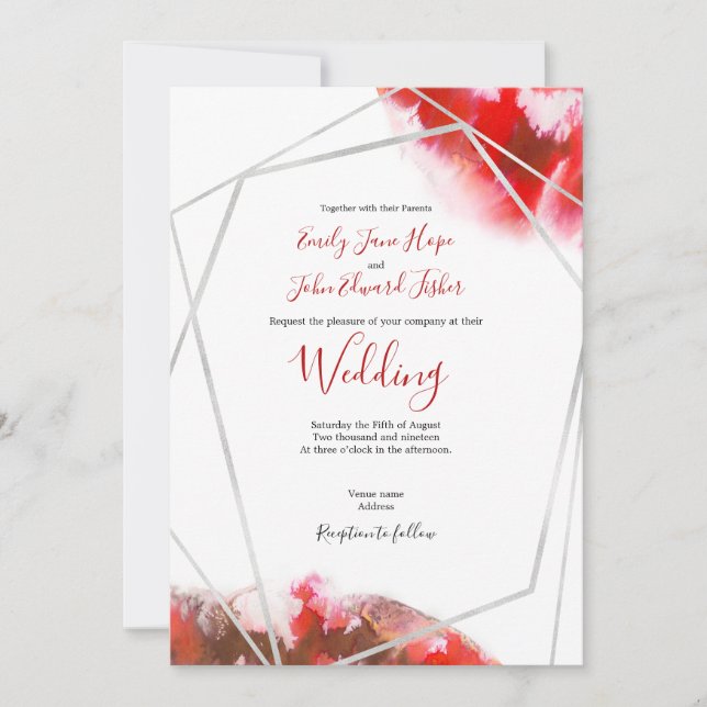 Elegant Red Watercolor/Silver Geometric Wedding Invitation (Front)