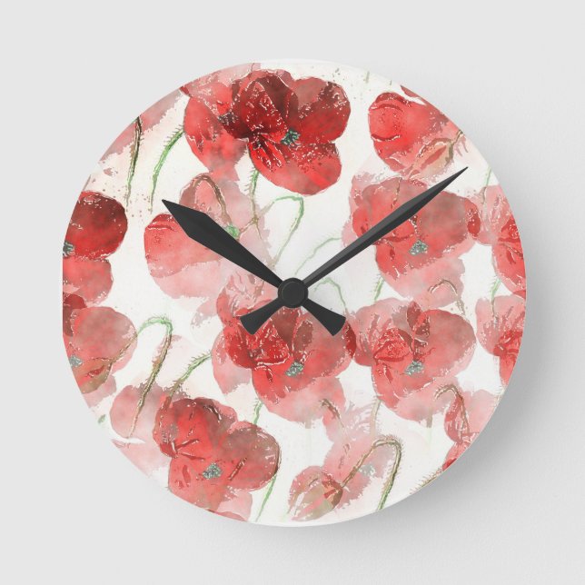 Elegant Red Watercolour Poppies Illustration Round Clock (Front)