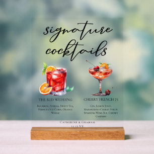 Elegant Red Wedding Signature Cocktails Menu Acrylic Sign