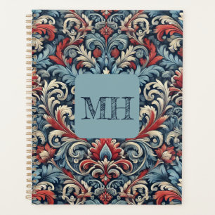 Elegant red, white and blue damask with monogram planner