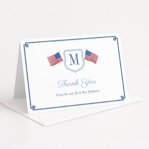 Elegant Red White And Blue Monogram Crest Thank You Card