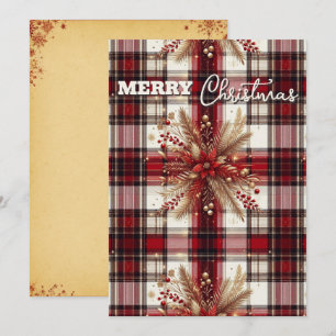Elegant Red, white and Gold Festive Plaid  Holiday Card
