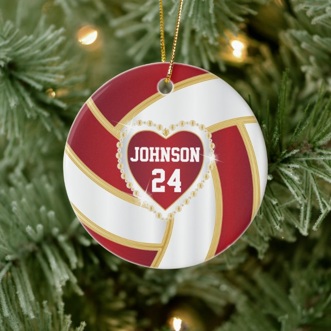 Elegant Red, White and Gold Volleyball Ceramic Ornament (Tree)