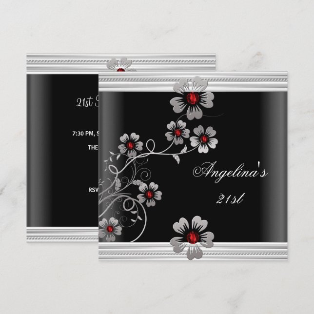 Elegant Red White Black 21st Birthday Flowers Invitation (Front/Back)
