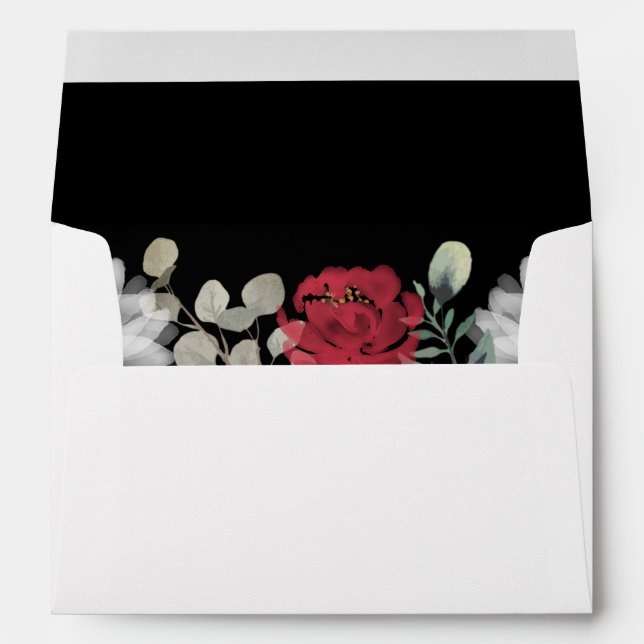 Elegant Red White Black Floral Greenery Wedding Envelope (Back (Bottom))