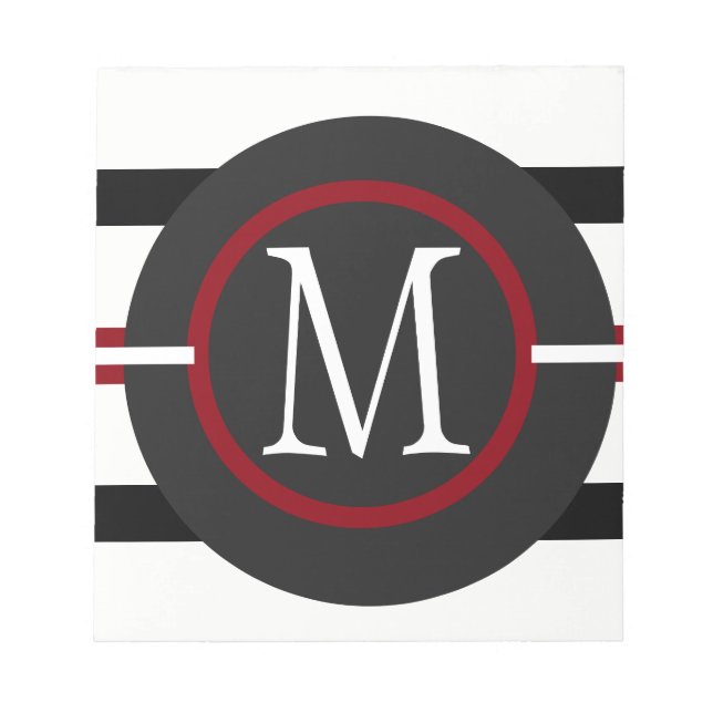 Elegant Red, White & Black Lines With Monogram Notepad (Front)