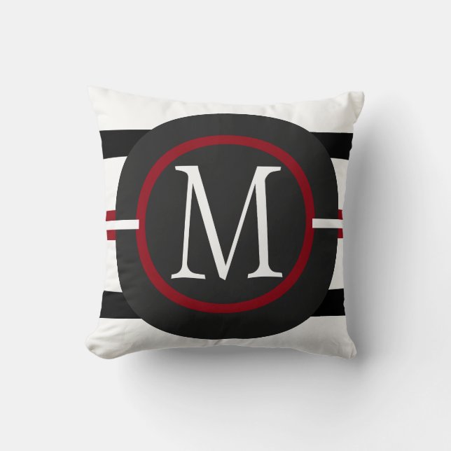 Elegant Red, White & Black Lines With Monogram Throw Pillow (Front)
