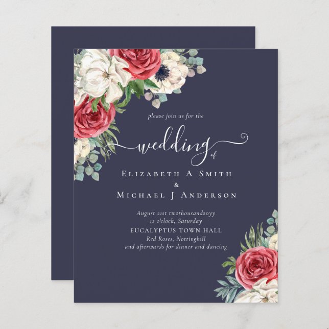Elegant Red White Blue Floral Wedding Budget (Front/Back)