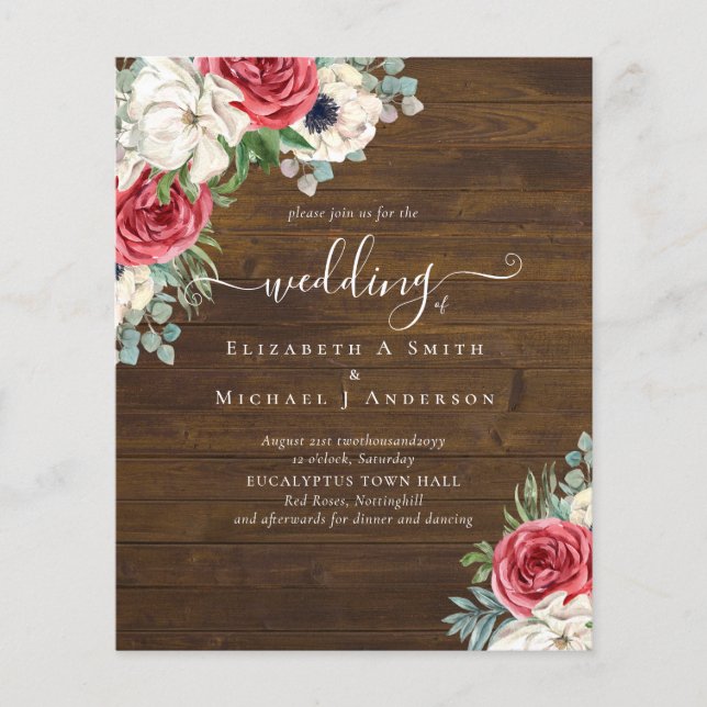 Elegant Red White Blue Floral Wedding Budget Flyer (Front)