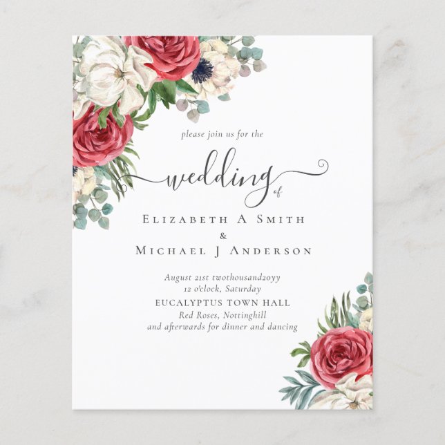 Elegant Red White Blue Floral Wedding Budget Flyer (Front)
