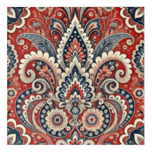 Elegant Red, White & Blue Paisley Floral Pattern