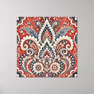 Elegant Red, White & Blue Paisley Floral Pattern Canvas Print
