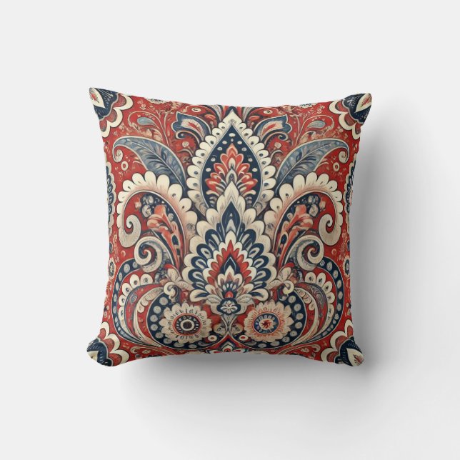 Elegant Red, White & Blue Paisley Floral Pattern Throw Pillow (Front)