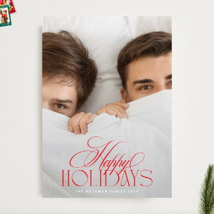 Elegant Red & White Christmas Calligraphy 2 Photo Holiday Card