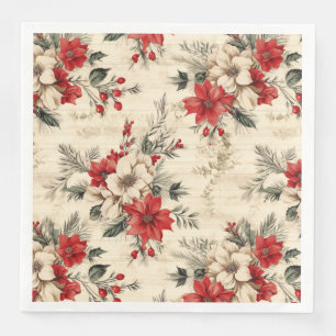 Elegant Red & White Christmas Floral Pattern Napkin