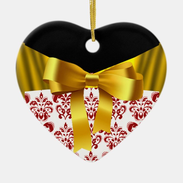 ELEGANT RED WHITE DAMASK GOLD RIBBON MONOGRAM CERAMIC ORNAMENT (Front)