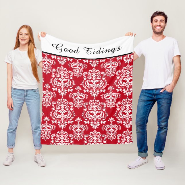 Elegant Red White Damask Pattern | Good Tidings Fleece Blanket (In Situ)