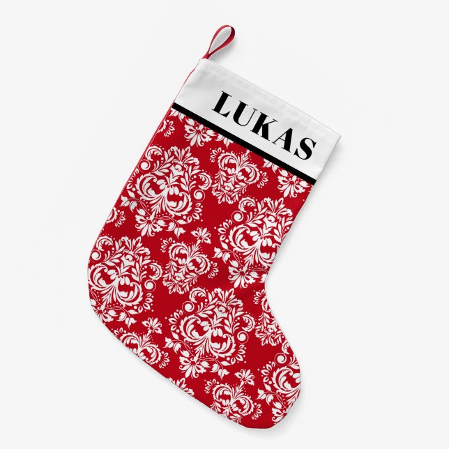 Elegant Red White Damask Pattern Small Christmas Stocking (Front (Hanging))
