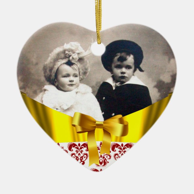 ELEGANT RED WHITE DAMASK RIBBON PHOTO TEMPLATE CERAMIC ORNAMENT (Front)