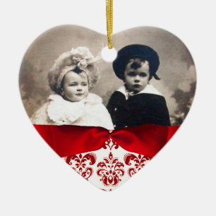 ELEGANT RED WHITE DAMASK RIBBON PHOTO TEMPLATE CERAMIC ORNAMENT