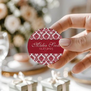 Elegant Red White Damask Wedding Favour Classic Round Sticker