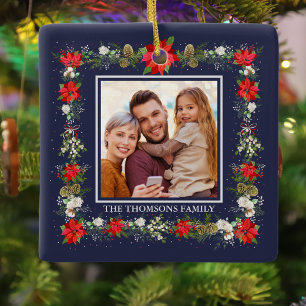 Elegant Red White Flora Holiday Wreath Photo Ceramic Ornament