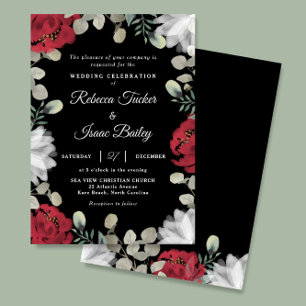 Elegant Red White Floral Greenery on Black Wedding Invitation