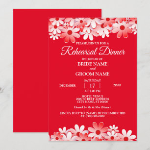 Elegant Red White Floral Wedding Rehearsal Dinner Invitation