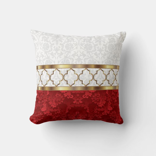 Elegant Red, White & Gold Quatrefoil Pattern Throw Pillow (Front)