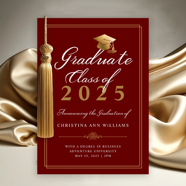 Elegant Red White Gold Script College Graduation Announcement (Elegant Maroon Gold Script College Class of 2025 Graduation Announcement)