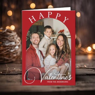 Elegant Red & White Happy Valentine's Family Photo Holiday Card