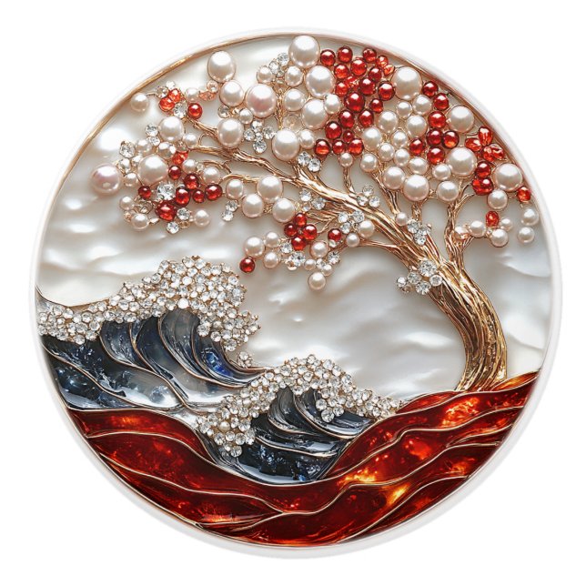  Elegant Red White Pearls Diamonds Ocean Waves Ceramic Knob (Front)