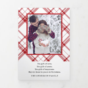 Elegant Red White Plaid Tri-Fold Holiday Card
