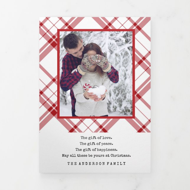 Elegant Red White Plaid Tri-Fold Holiday Card (Cover)