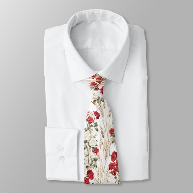 Elegant Red White Roses Botanical Neck Tie (Tied)