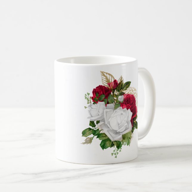 Elegant Red White Roses Bouquet Name Coffee Mug (Front Right)