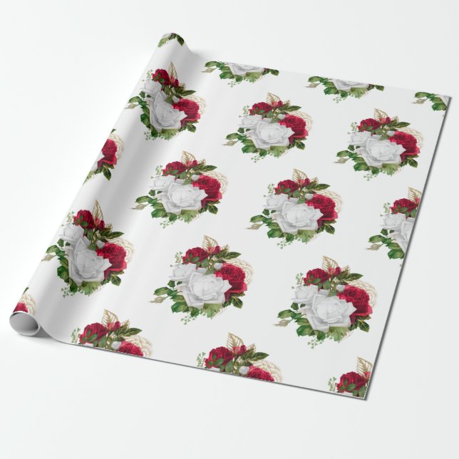 Elegant Red White Roses Bouquet Wrapping Paper (Unrolled)